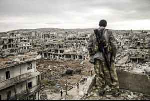Kobane, Syria after the U.S. & Arab coalition planes bombed and ISIS militants attacked
